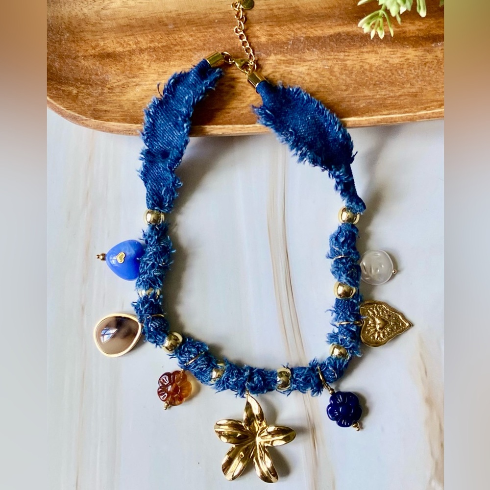 Denim fabric Necklace with stainless steel multiple charms & gold plated spacers